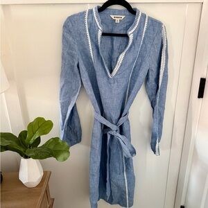 Boden Cleo Linen Tie Waist Dress Chambray Embroidery – Size US 6L – NWOT